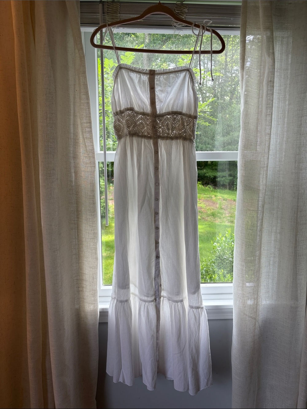 aerie White Maxi Dress with Crochet Waist and Buttons